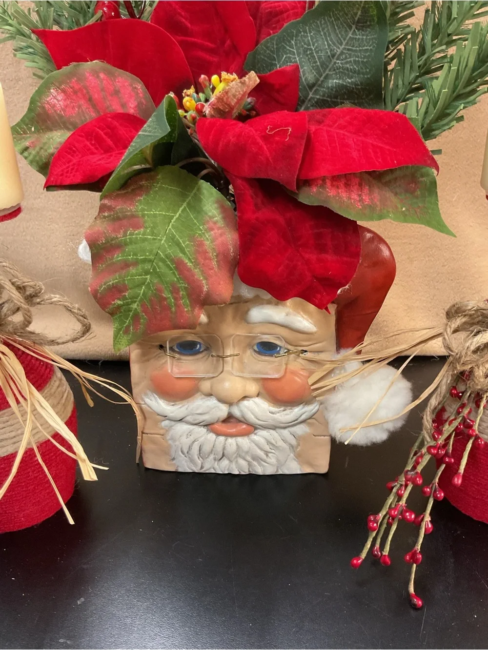Festive Red Poinsettia Santa Floral with Candle Holders for Christmas. Inv 566